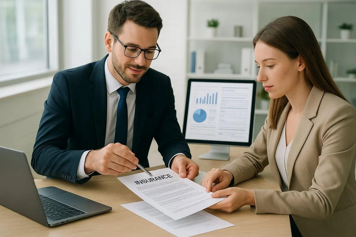 Reviewing insurance policy documents and paperwork at a desk